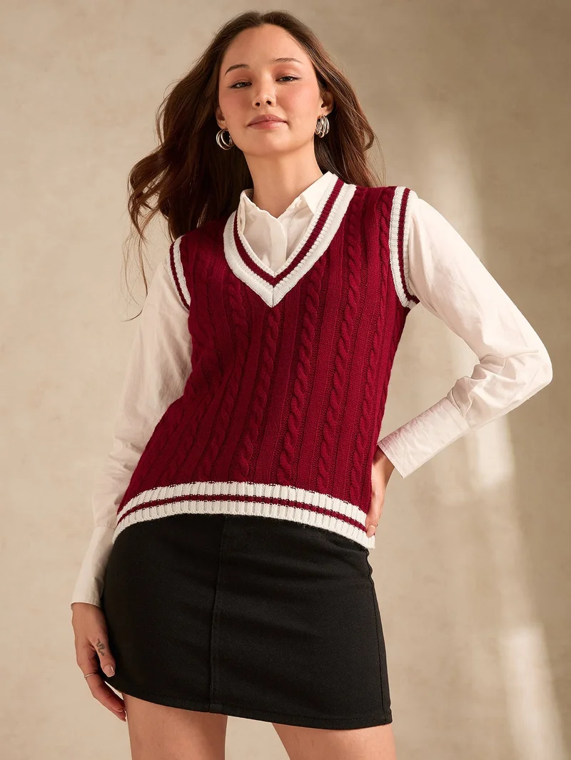 Outzidr Red Varsity Contrast Tipping Sweater